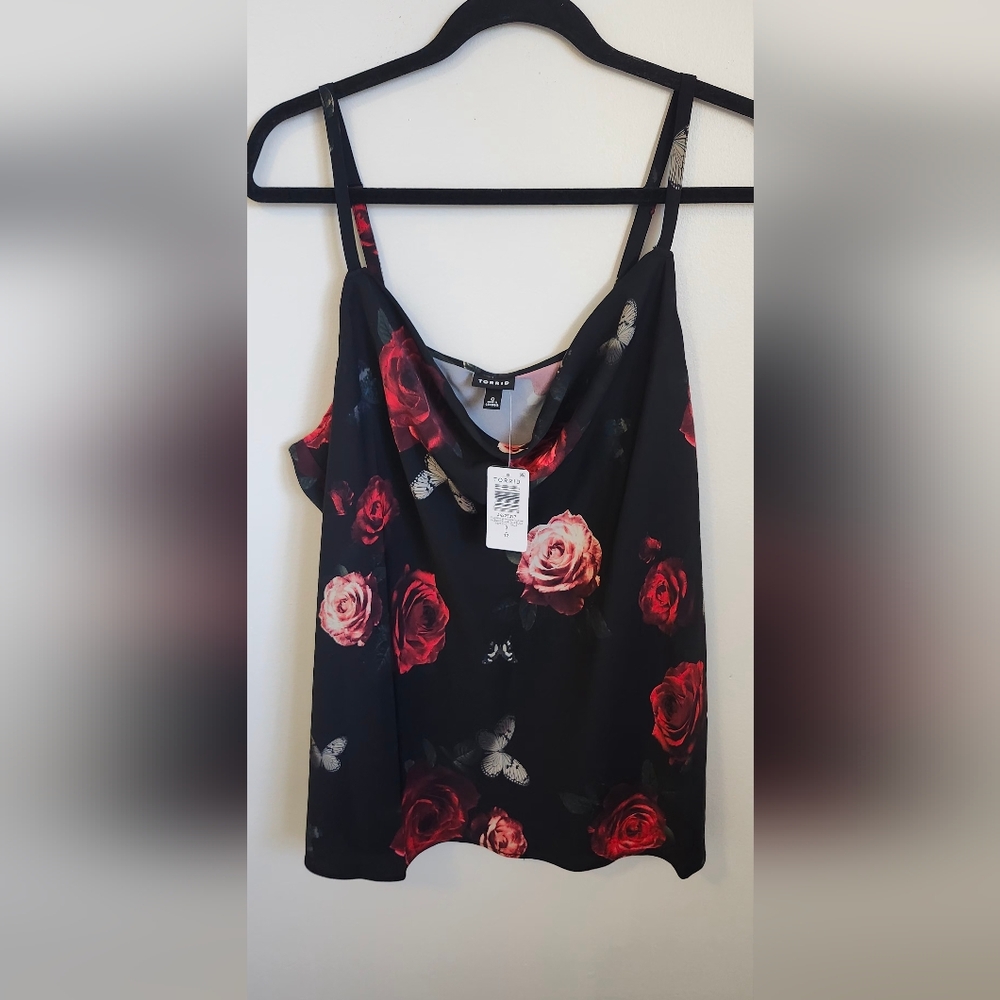 Torrid Black Camisole with Red Floral Design